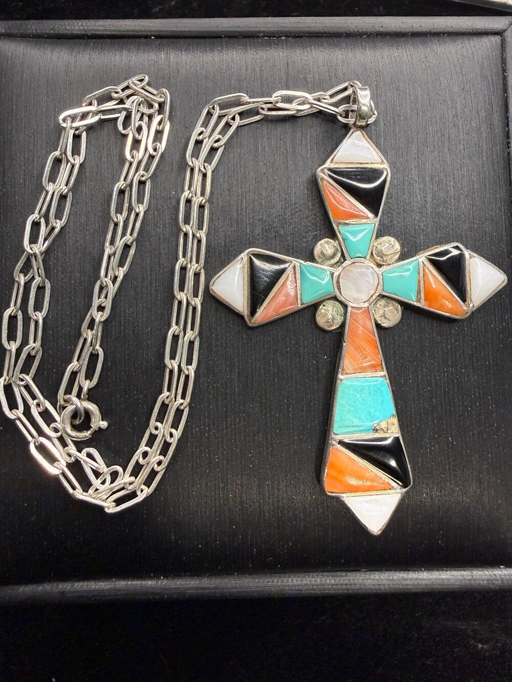 925 Sterling Silver Turquoise Coral Mother Of Pearl Black Onyx Pendant N Chain